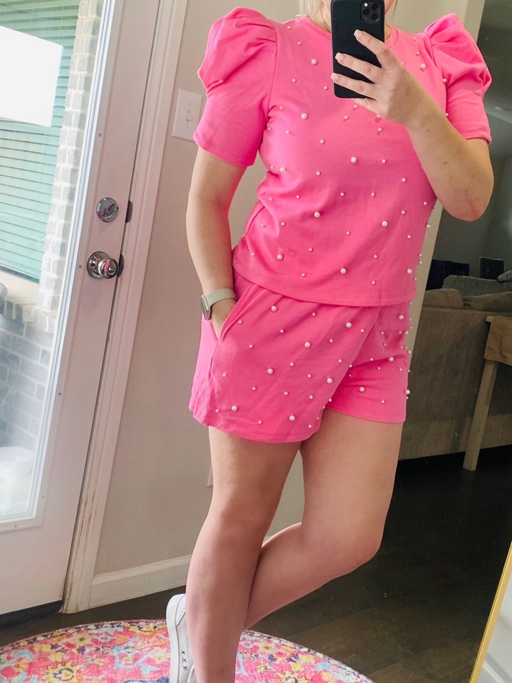NWT: Peach Love Women's Pink Pearl-Embellished Puff Sleeve Short Set